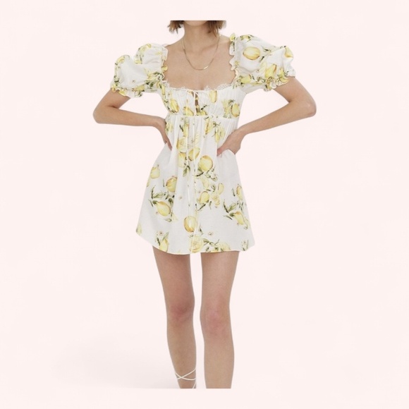 For Love & Lemons Sunny Lemon Serafina Puff Sleeve Summer Mini Dress NWT Size S - Picture 10 of 10